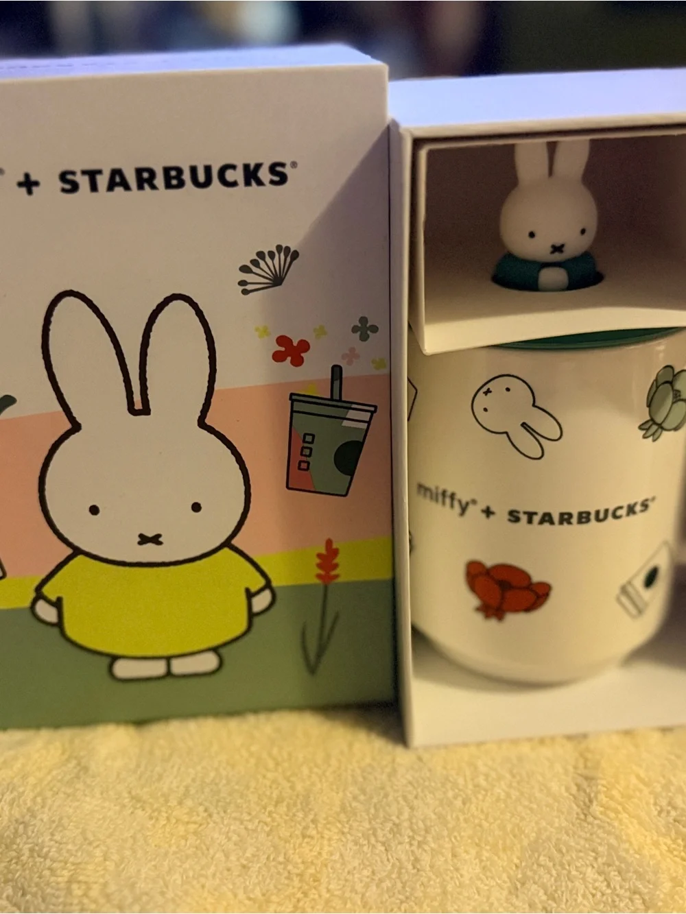 Starbucks White Mug with Teal Lid and Miffy Bunny Topper